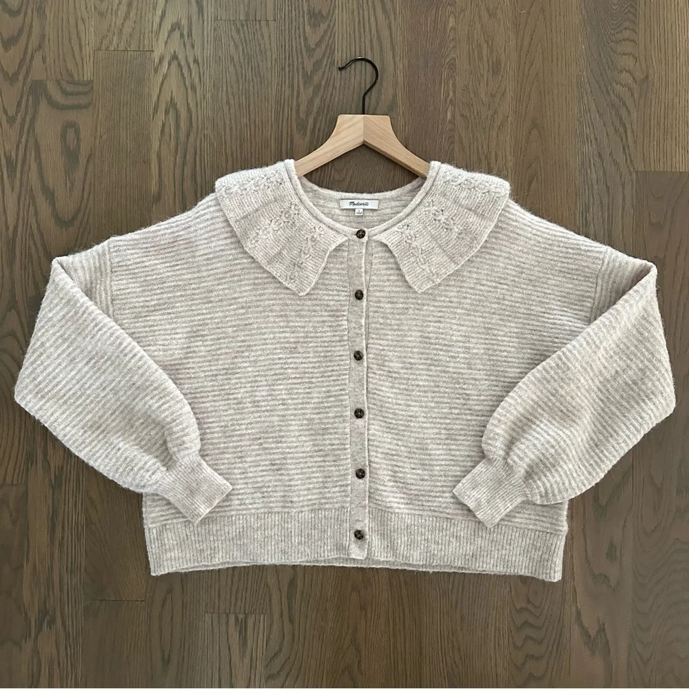 SOLD Madewell Pointelle Collar Sweater Alpaca Wool Cardigan Sweater Cream Large - Picture 8 of 8